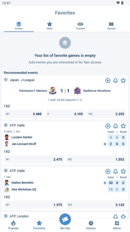 1xBet : onglet Favoris et événements recommandés